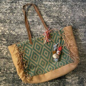 Cleobella Boho Turquoise Diamond Pattern Jute Fringe and Leather Shoulder Bag